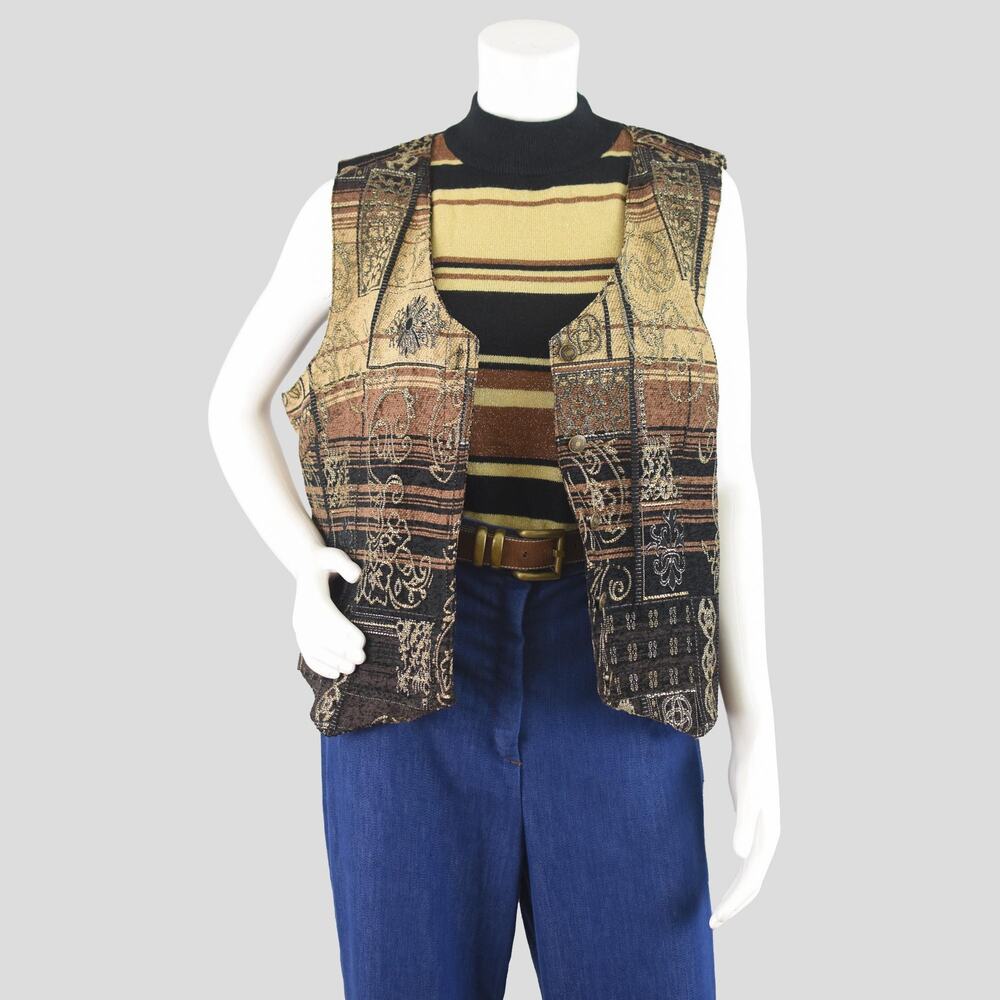 80s Tapestry Vest, Vintage Woven Waistcoat, Women's Petite Large